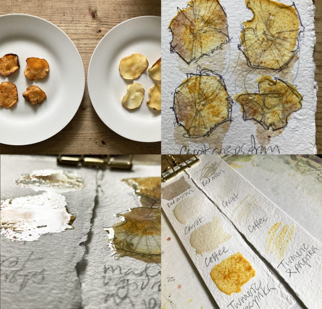 Crisp making, ink tests and sketch of crisps on paper made from waste