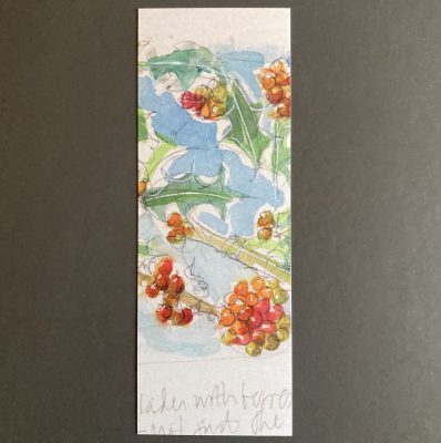 Water, colour booklet Christmas bookmark featuring holly berries