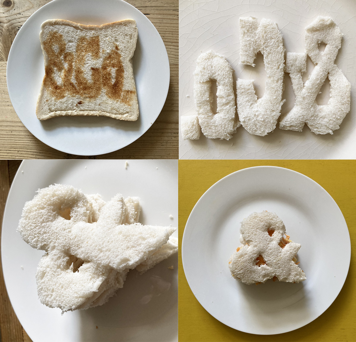 Four photos showing monoprinting '& Co' with bread and Marmite and making a sandwich from an ampersand