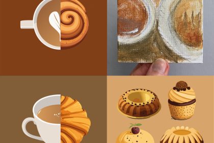 My studio Snack experiment on making a coffee and cake emoji: two AI-generated emojis made from half coffee cup, half cake, a tiny painting of coffee and Eccles cake and AI's flight of fancy when I asked it to generate an image of an Eccles cake
