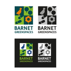 Barnet Greenspaces logos in colour, black and white and on a dark background