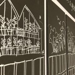 Detail of drawn engagement wall at Cody Dock Summer event, showing its growing space