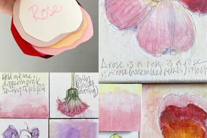 A swatch of cut paper representing the shapes and colours of rose petals, and sketches and colour notes on roses, a sage flower and a daisy