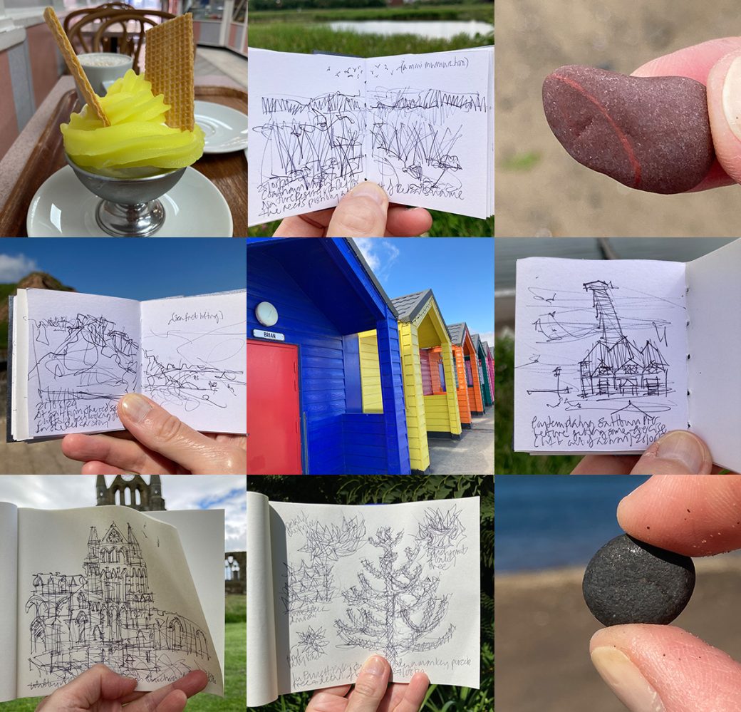 A montage of sketches drawn in Redcar, Saltburn and Whitby, with photos of a lemon top ice cream, hand golding a red pebble and a small piece of jet, and a beach hut called Brian