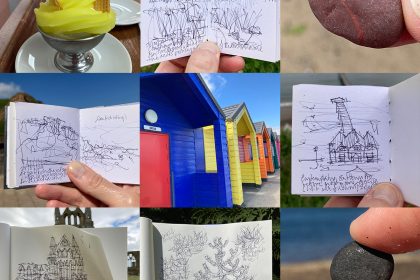 A montage of sketches drawn in Redcar, Saltburn and Whitby, with photos of a lemon top ice cream, hand golding a red pebble and a small piece of jet, and a beach hut called Brian