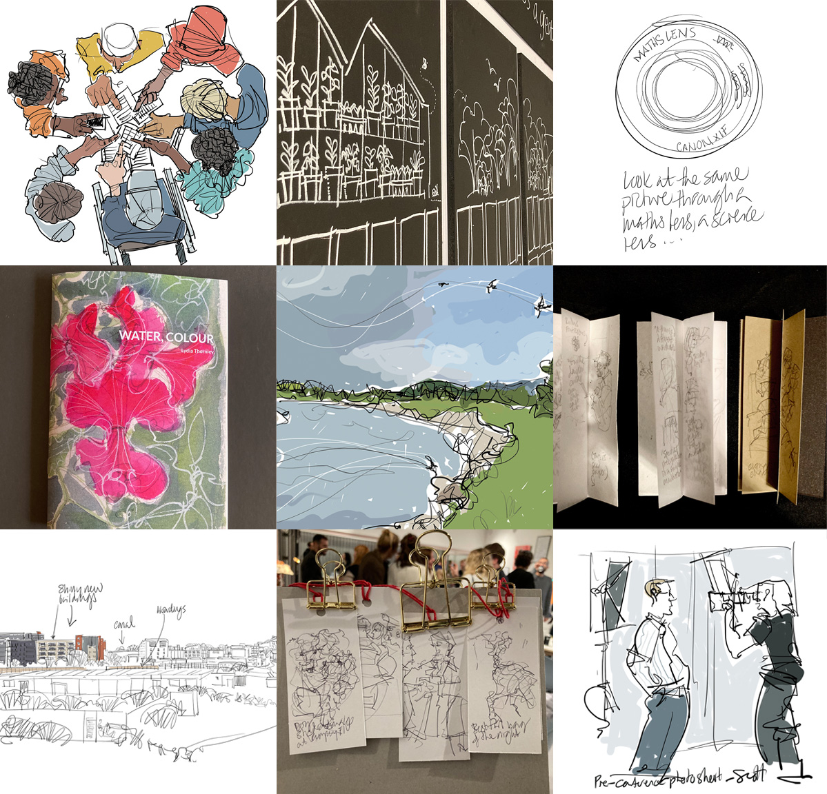 A montage of Lydia Thornley's explanatory, reportage, design thinking, engagement, event and investigative illustrations