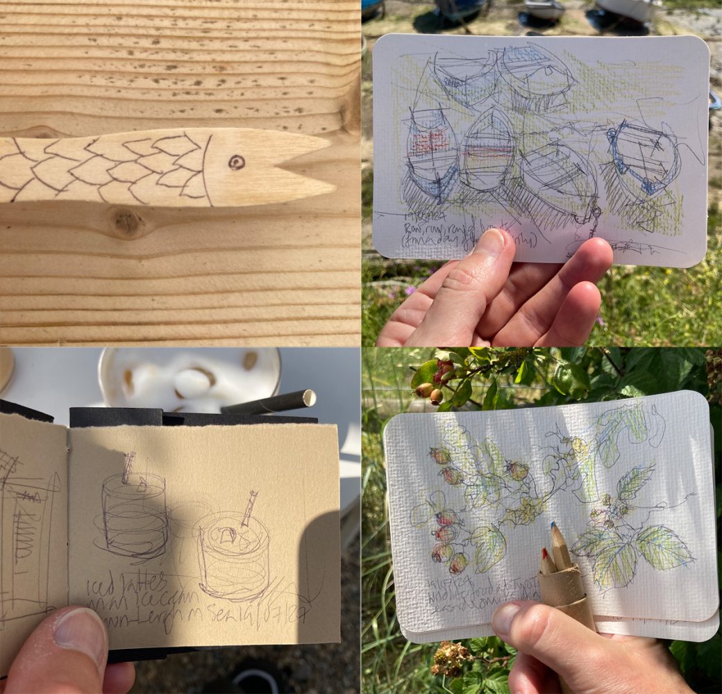 a chip fork turned into a fish with some drawing, two sketches on postcards, one of boats and the other, at Two Tree Island nature reserve and a sketchbook drawing of iced coffees.