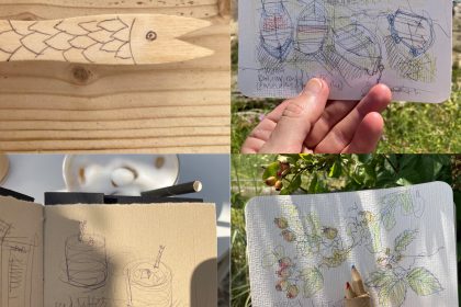 a chip fork turned into a fish with some drawing, two sketches on postcards, one of boats and the other, at Two Tree Island nature reserve and a sketchbook drawing of iced coffees.