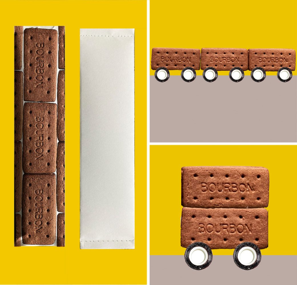 A mockup of bookmark shaped packaging for Bourbon biscuits and two deadline-related photomontages turning biscuits into buses with rolls of tape as wheels