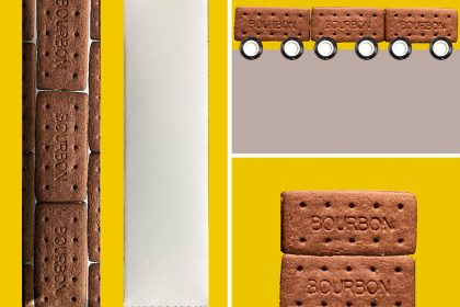 A mockup of bookmark shaped packaging for Bourbon biscuits and two deadline-related photomontages turning biscuits into buses with rolls of tape as wheels