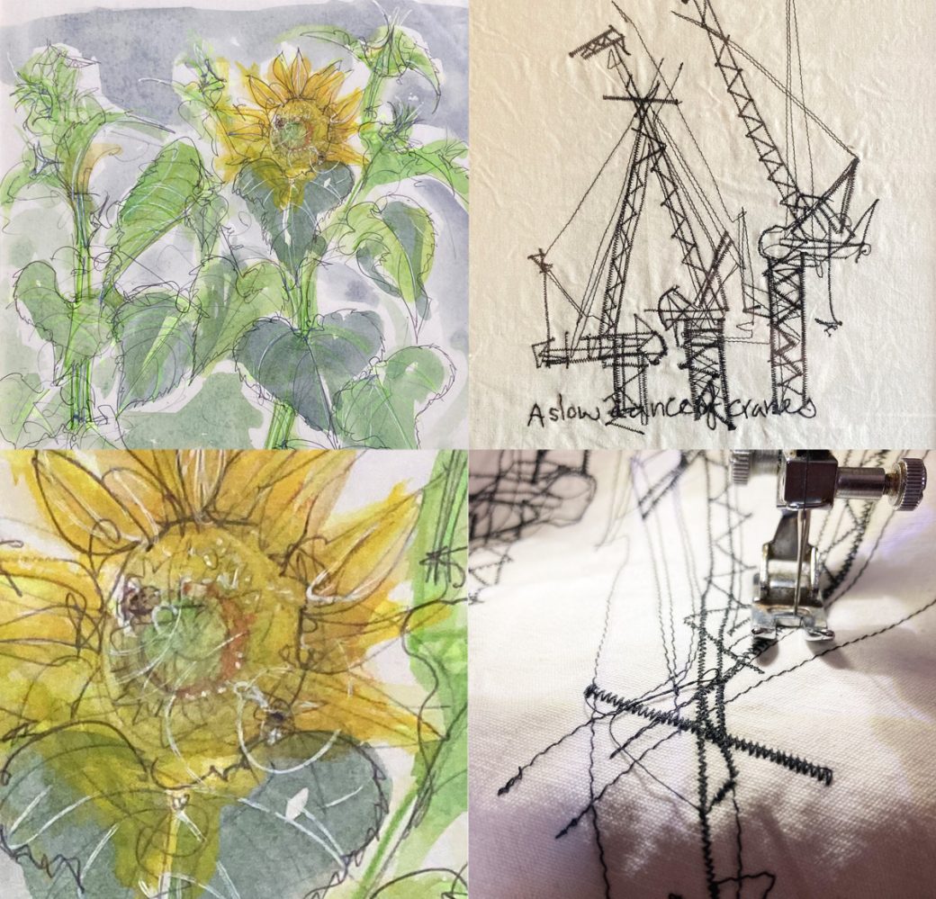 Watercolour sketch of sunflowers drawn on reused paper and a drawing of cranes made on a sewing machine on organic cloth from a textile reuse hub