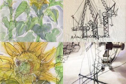 Watercolour sketch of sunflowers drawn on reused paper and a drawing of cranes made on a sewing machine on organic cloth from a textile reuse hub