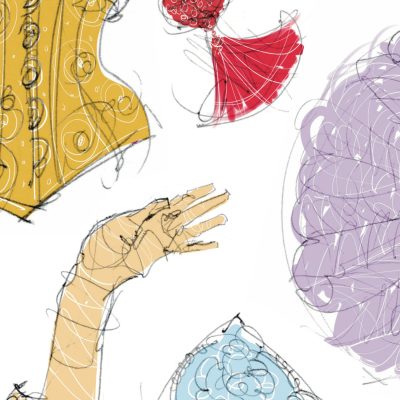 Grouped illustrations for postcard: glove, basque, tassel, headdress and feather fan