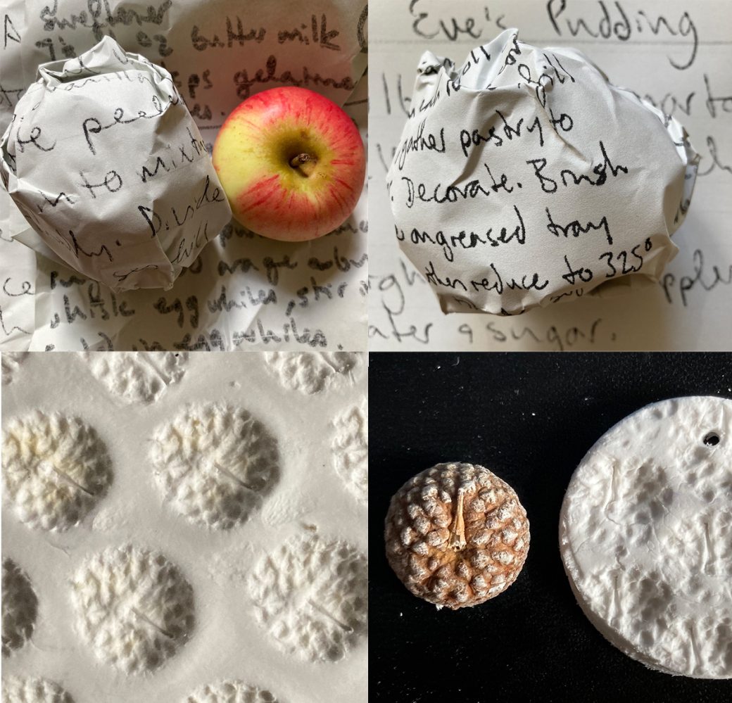 An apple next to an apple wrapped in a recipe, next to it another example of an recipe wrapped apple and below, patterns made by pressing an acorn top into air dried clay, showing the trick of the light that makes it hard to tell if the pattern is sunk in to the clay or sitting on the top if it