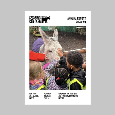 Spitalfields Annual Report cover, featuring schoolchildren patting one of the Farm's donkeys