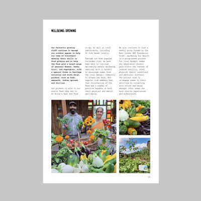 Spitalfields Annual Report wellbeing page, with pictures about growing and Farm produce