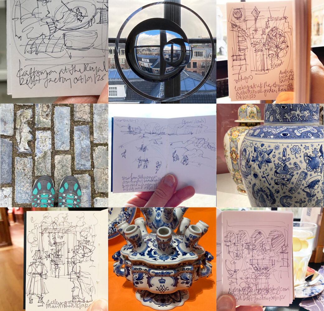 A grid of photos and sketches from my trip to Delft and The Hague: sketches of ceramic painnting, architectural ceramics and gallery interior and photos of paving, a distortion glass and old and new ceramics