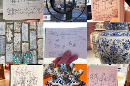 A grid of photos and sketches from my trip to Delft and The Hague: sketches of ceramic painnting, architectural ceramics and gallery interior and photos of paving, a distortion glass and old and new ceramics