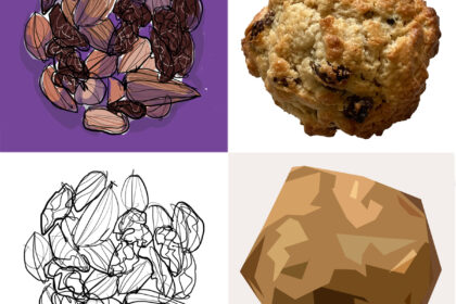 Fruit and nuts, as a line sketch and with colour added, and a photograph of a rock bun with a simplified, blocky version that looks like a rock.