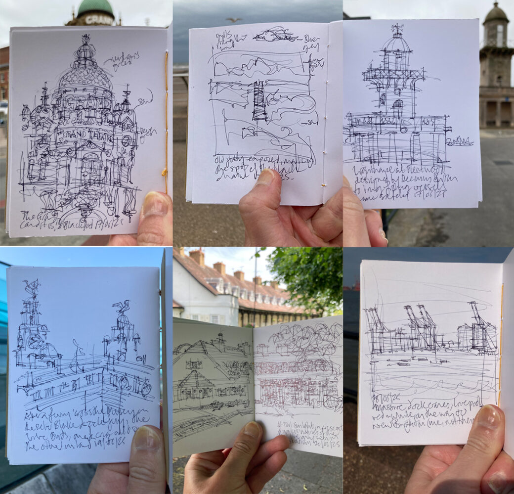 Sketches photographed in situ at the Blackpool Gran theatre, Blackpool seafront, Fleetwood, the Liver Building, Port Sunlight and from the promenade to New Brighton