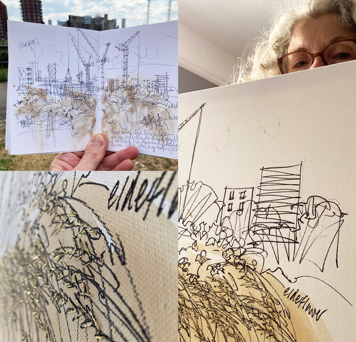 The original live sketch, photographed at Cody Dock, Lydia with the canvas and a detail of the embroidery
