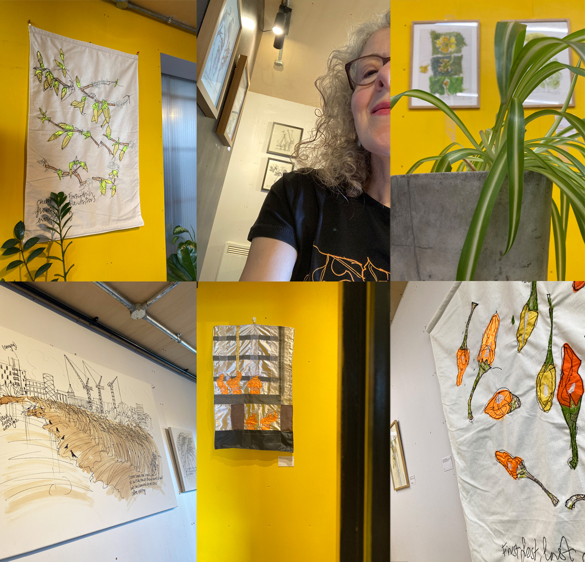 A montage of photographs of the work on display, showing the Village Hall and studio environments where it is on display