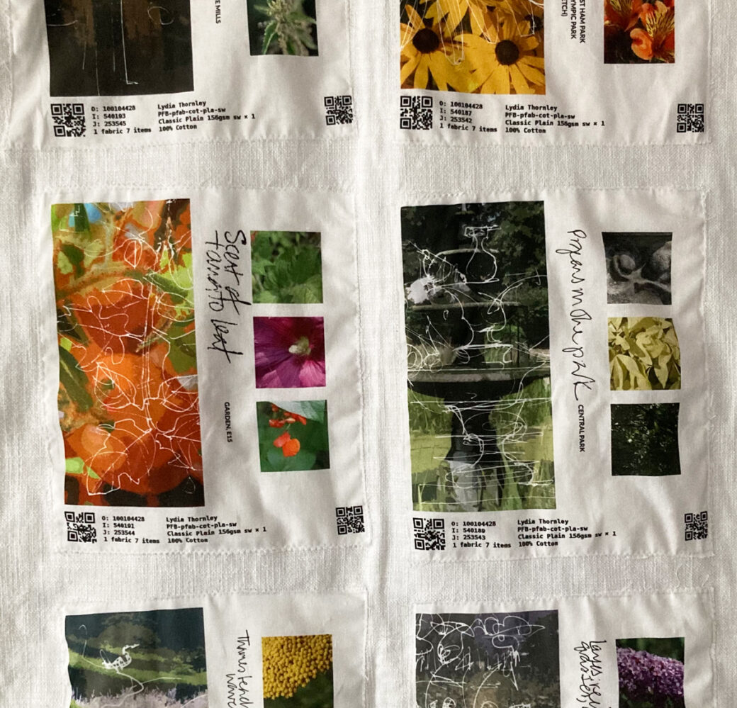 Detail of Lydia's textile piece using the visual language of textile proofs to describe the colour and pattern of green spaces