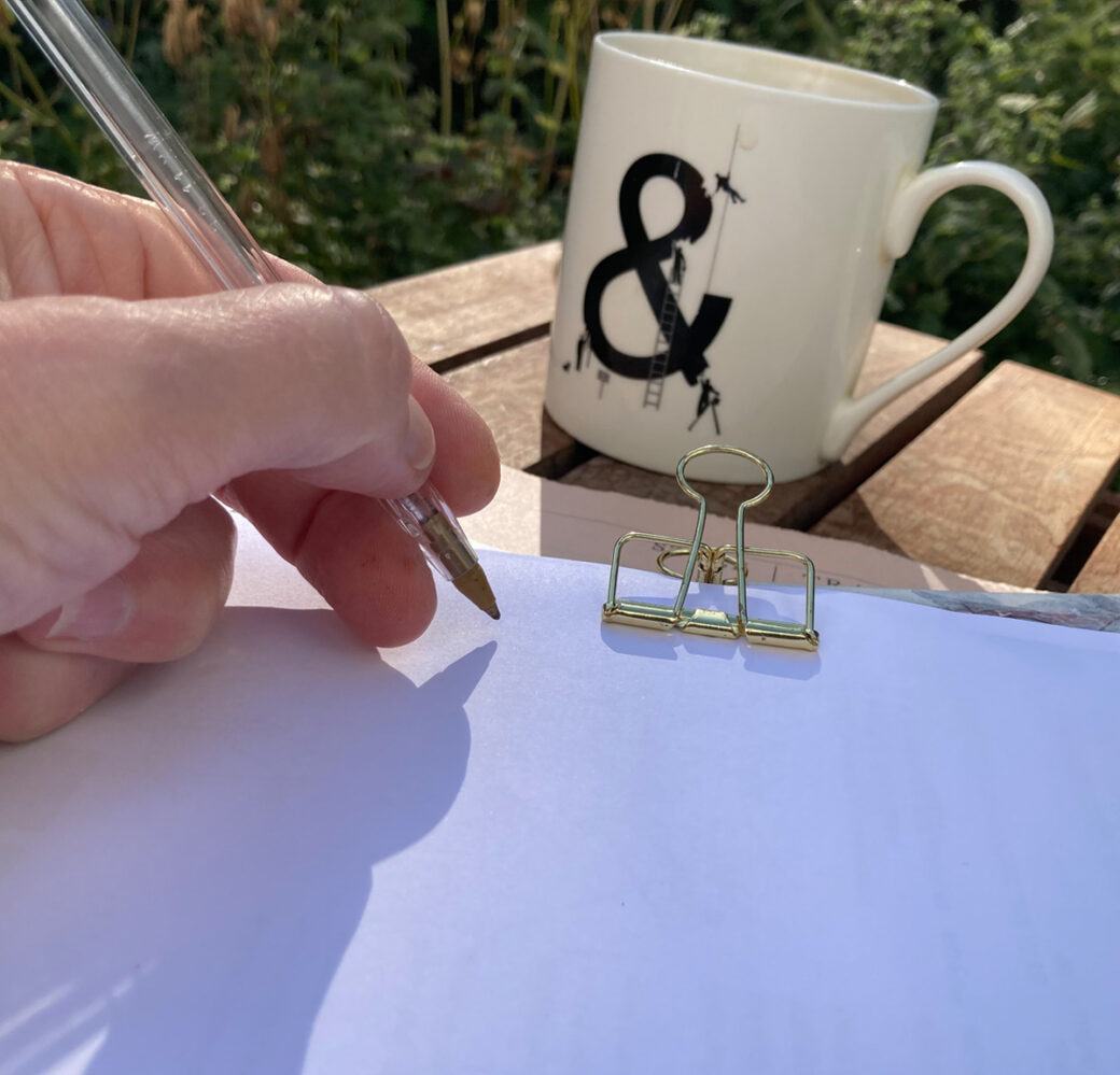 Lydia's hand with a pen, making a shadow that looks like a bird