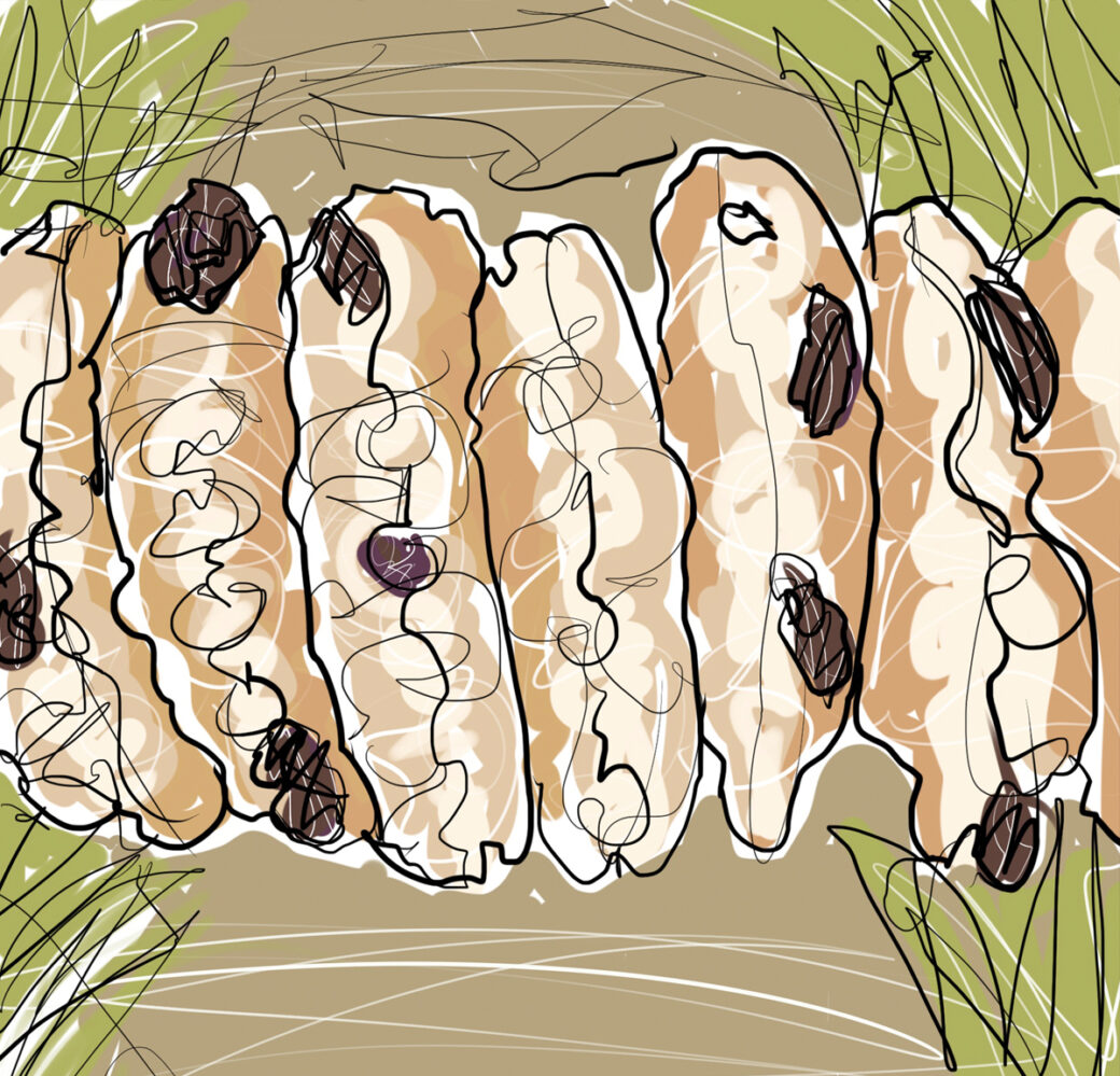 Illustration of an imaginary edible finish line of Welsh cakes