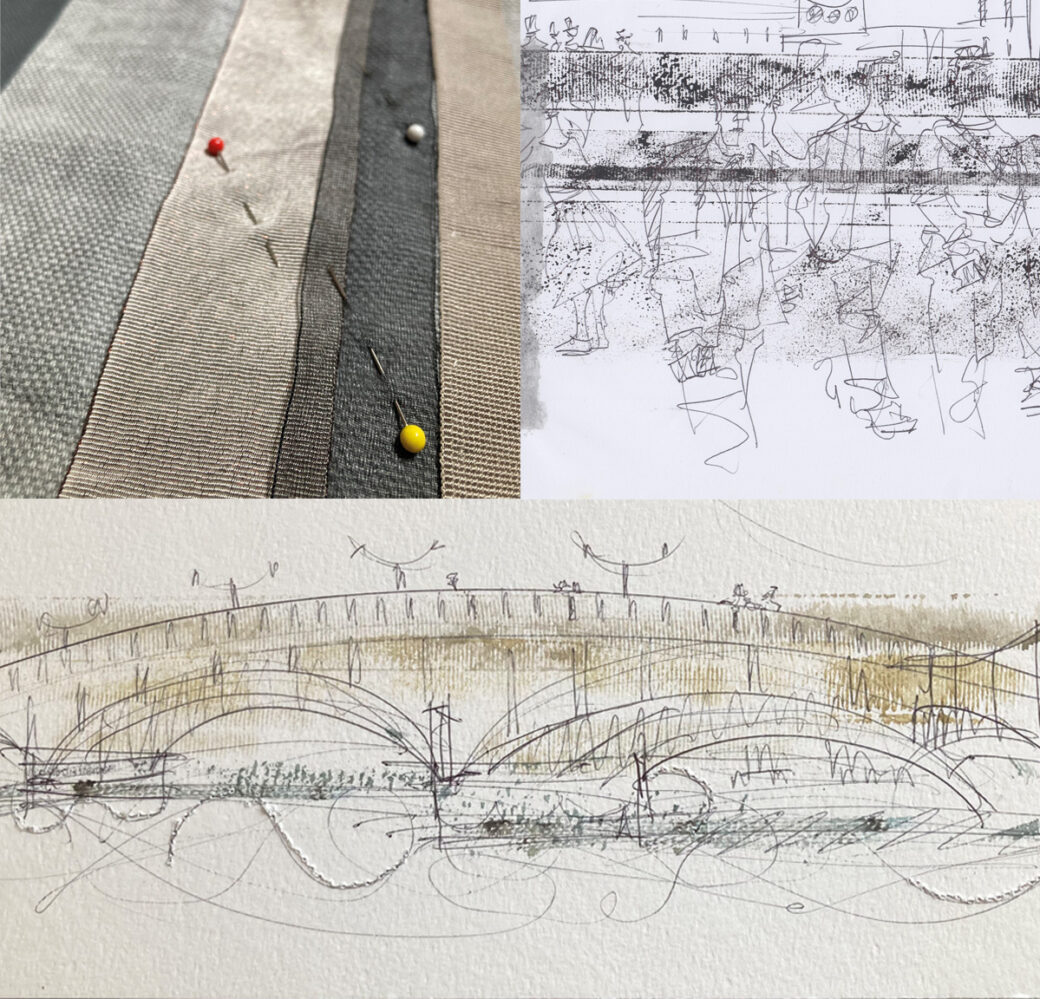 Ribbons pinned in lines, an early monoprinnt experiment of prinnted ribbon on top of a sketch and the mixed media drawing, monoprint and stitched piece