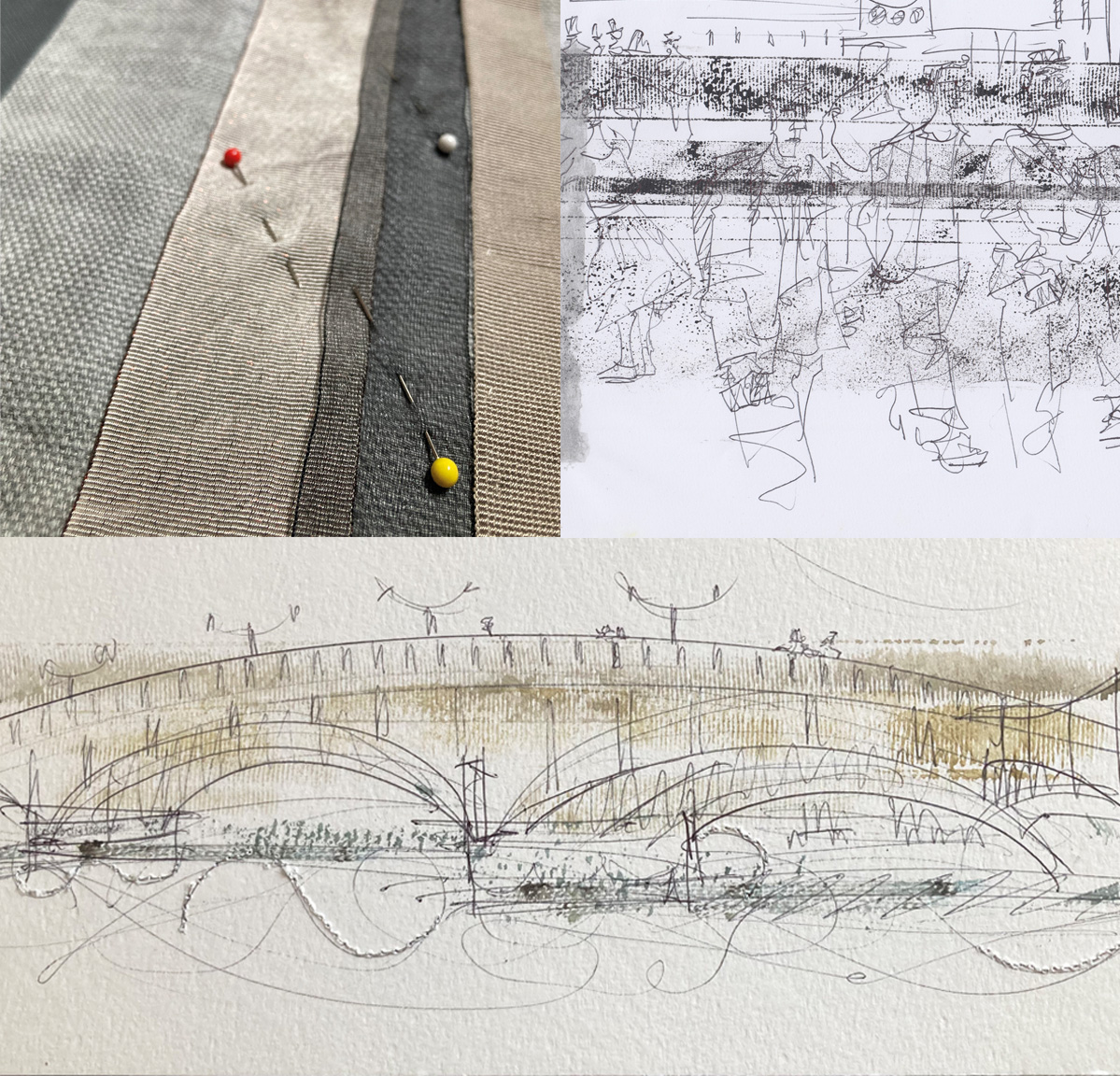 Ribbons pinned in lines, an early monoprinnt experiment of prinnted ribbon on top of a sketch and the mixed media drawing, monoprint and stitched piece