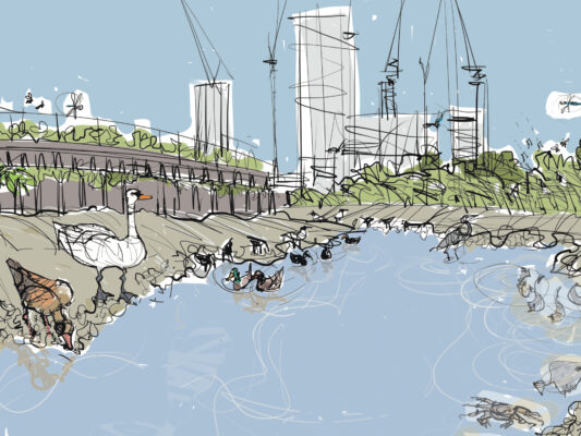Illustration of River Lea at low tide seen from Cody Dock, showing a number of species at water's edge
