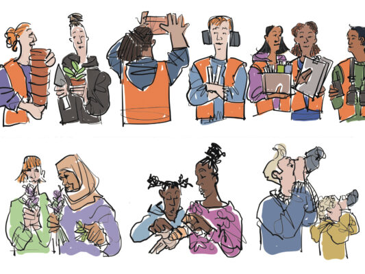 Two illustrations showing Cody Dock people and visitors