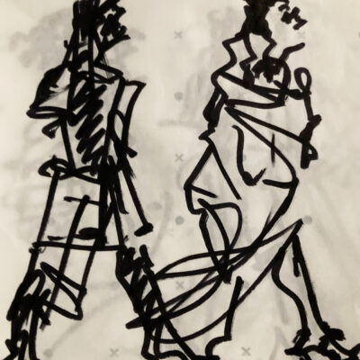 Sketch of models on the runway, drawn on pattern paper printed with dots and crosses