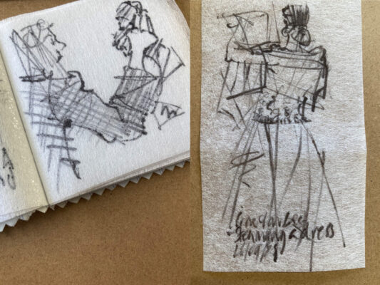 Sketches of makeup and garment prep drawn on garment interfacing