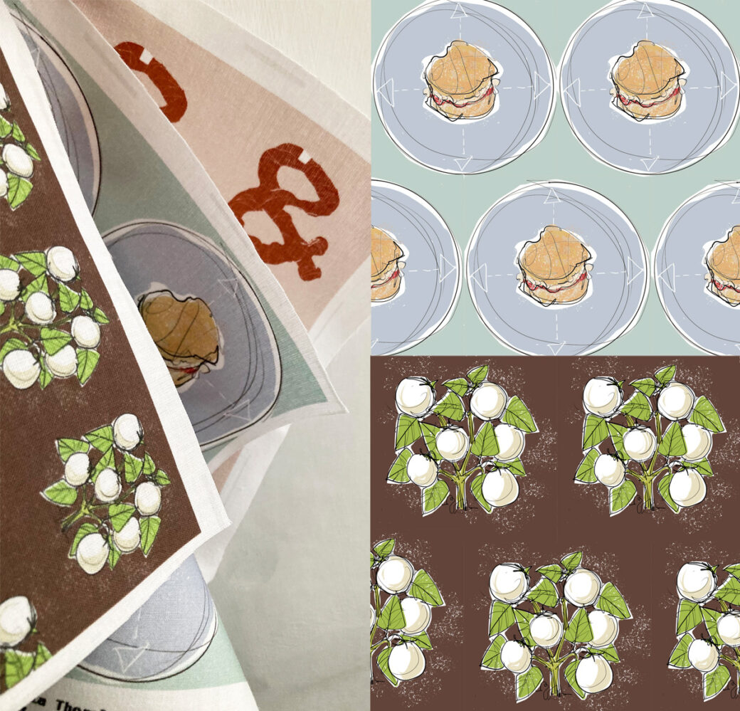 Textile swatches and illustrations making repeat patterns from Studio Snack illustrations of a pretzel ampersand, a scone with ambition and a mozzarella plant
