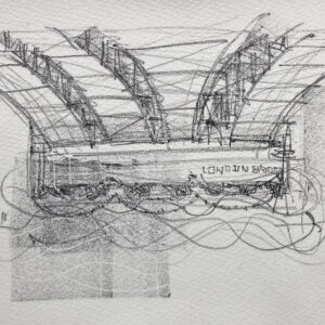 Detail of Lydia Thornley's limited edition lithograph for 26 Bridges, showing the structure underneath London Bridge