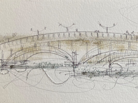 One of our two pieces, a mixed media drawing and monoprint of ribbon, with hand stitching