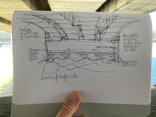 The sketch for our final piece, from the underside of London Bridge, looking at its structure