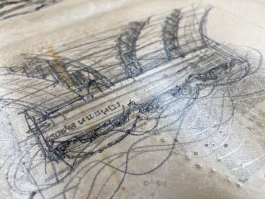 The drawing on stone with its second coat of gum arabic drying