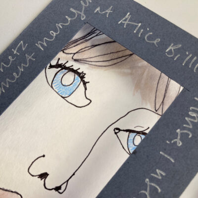 Self-portrait workshop in progress: self portrait framed and captioned