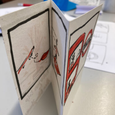 Detail of a zine on thhe journey to a worksop: surfing a leaf