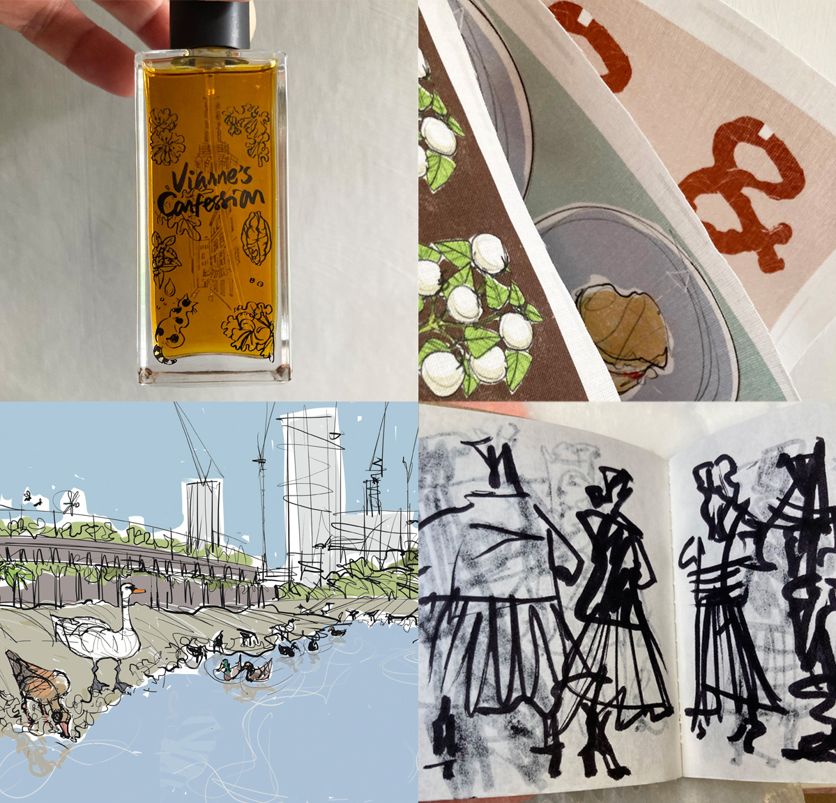 Montage of illustrations from four projects: perfume bottle, cloth, fashion illustration and wildlife habitat