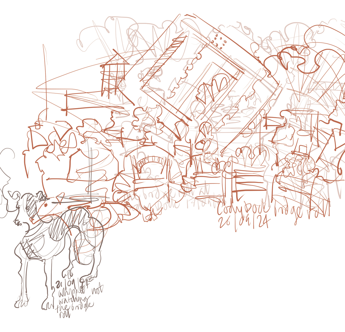 Montaged line illustration of the rolling bridge at Cody Dock, spectators and an unimpressed whippet