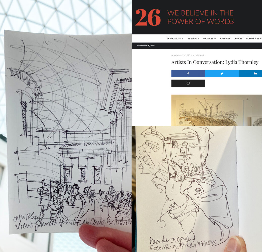 Montage of sketchbook pages drawn at the British Museum and on a journey and a screenshot of the article on the 26 website