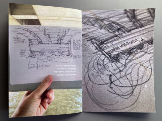 Booklet spread of sketch used for the lithograph and drawing on stone