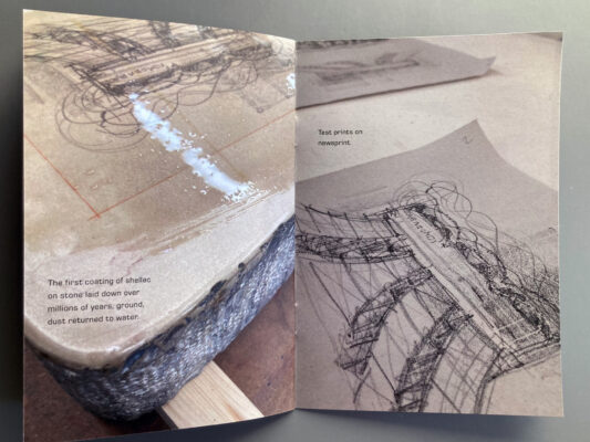 Booklet spread of shellac on stone and test prints