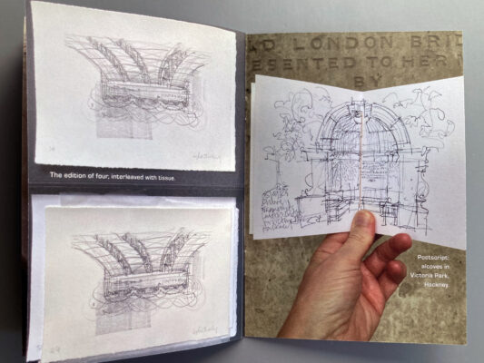 Booklet spread of final lithographs and postscript sketch