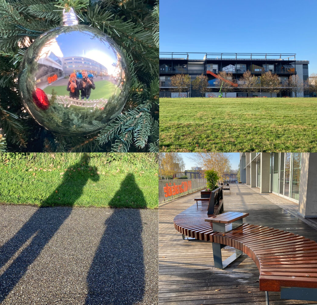 Montage of pictures: podcast collaborators Lydia and narcis reflected in a Christmas bauble, shadow selfie, the Gantry co-working space and the bench where the project began