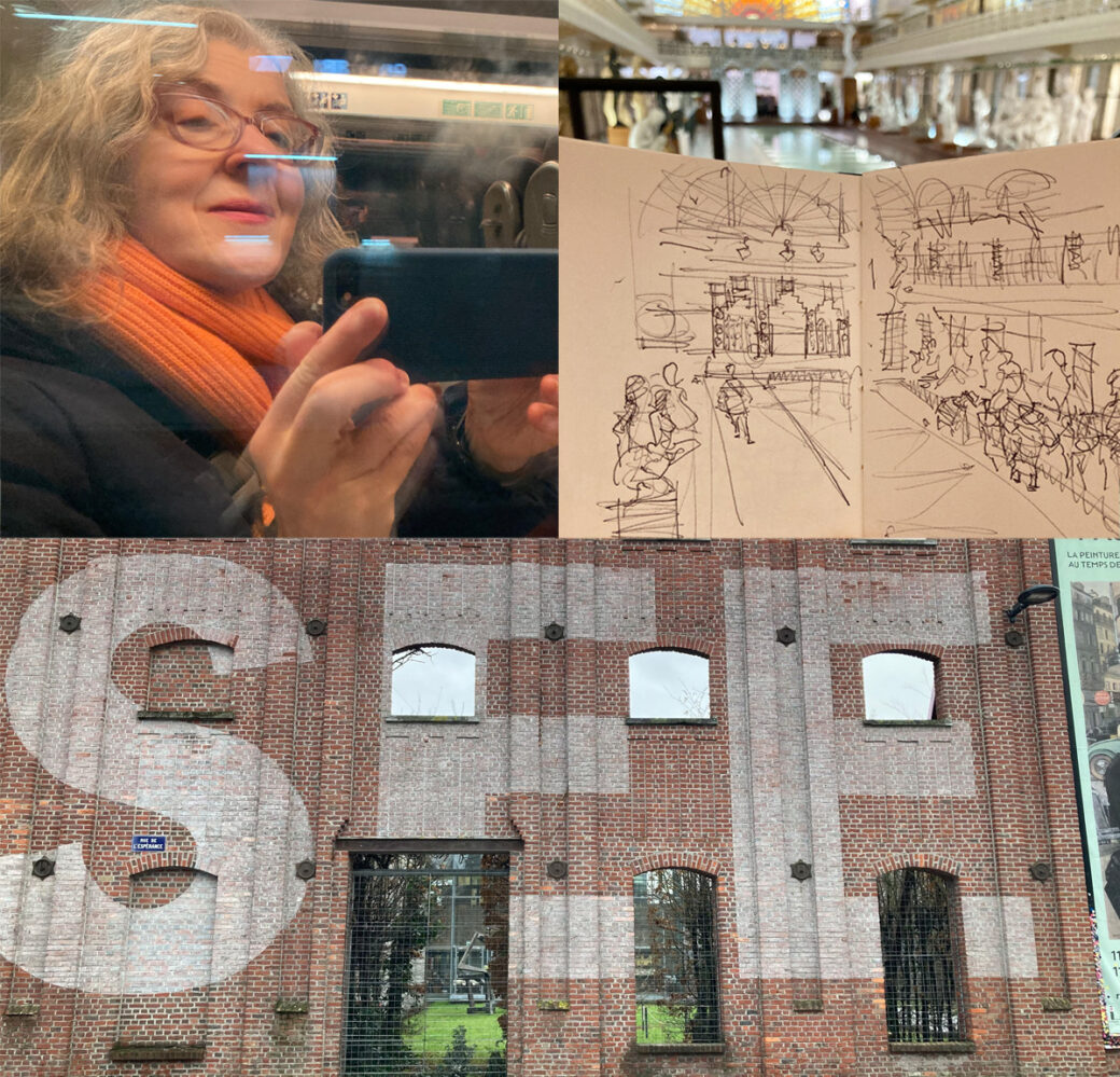 Montage of pictures: Lydia playing with reflections on the train, sketch of La Piscine in situ, section of exterior cropping the name to 'see'
